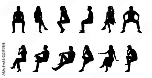 Vector set of twelve black silhouettes of people sitting on without chairs and benches, isolated on white background