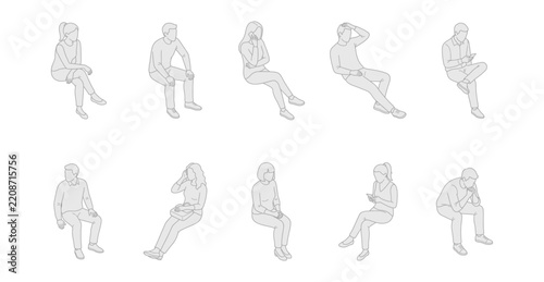 Vector set of isometric line art sitting people without chairs, men and women relaxing and using phones, isolated on white background