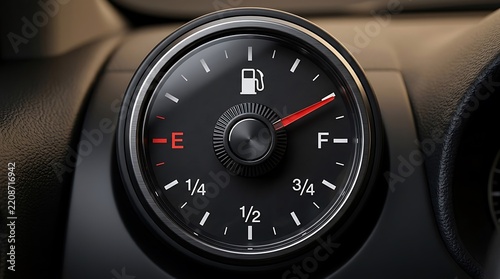 Modern vehicle fuel gauge dashboard meter showing nearly full tank status during daylight hours