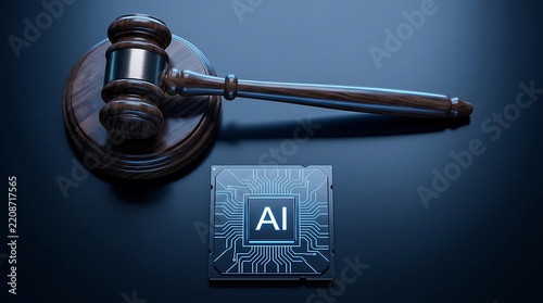 Wooden judge gavel resting beside microchip processor displaying artificial intelligence text symbol concept illustration