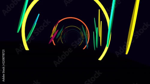 Colorful Neon Light Tunnel: An abstract motion graphic featuring glowing, multicolored curved lines forming a dynamic circular tunnel shape against a dark background.