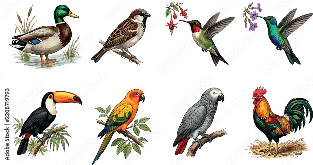 Obraz premium Detailed vector illustration bundle of diverse birds featuring mallard duck sparrow hummingbird toucan parrot African grey and colorful rooster isolated