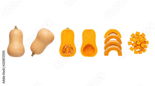 Butternut squash preparation isolated on white background with copy space, food design element template for marketing presentation, banner and advertising mockup