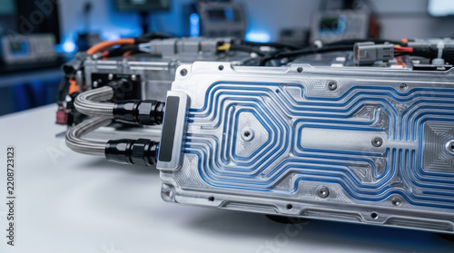 Electric vehicle battery technology with intricate cooling plate and connected cable system in modern automotive laboratory