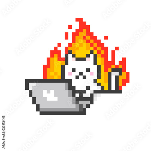 ドット絵の燃えるパソコンで作業する猫