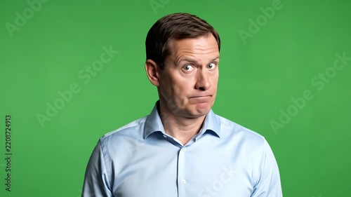 Man with angry expression, looking directly at camera, green screen background