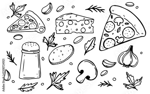 Hand drawn doodle set of pizza slices and fresh ingredients for menu design.