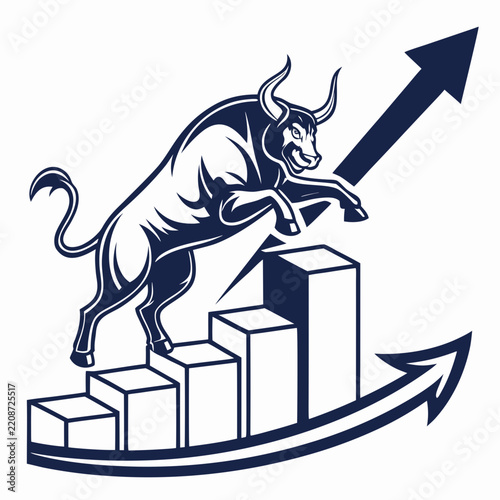 Bull leaping over rising blocks with arrow a blue vector illustration