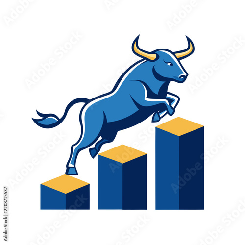 Bull leaping over bar graph blocks a stylized vector illustration