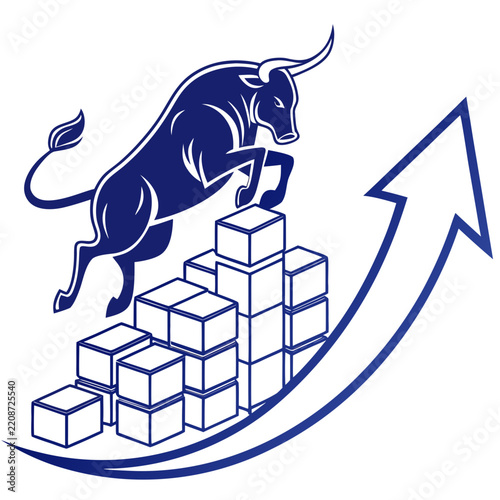 Bull leaping over stacked blocks with upward pointing arrow blue vector illustration