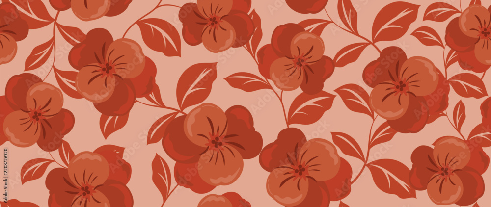Fototapeta premium Bold red floral seamless pattern vector with hibiscus style flowers and leaves in warm retro botanical palette