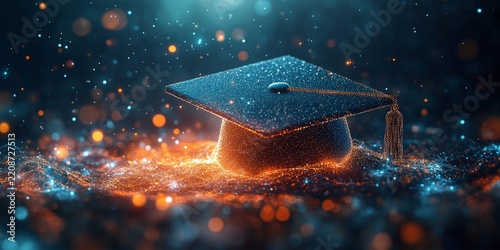 Digital illustration of a graduation cap made from glowing data connections, representing the impact and connection between education technology products, Generative AI