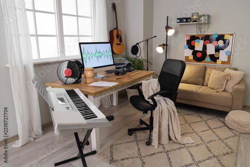 Music production and creative hobby, home studio workspace with digital audio...