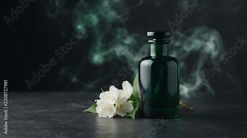 Green glass perfume bottle with white jasmine flowers and aromatic smoke on dark background