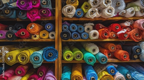 Vibrant rolls of fabric in various colors displayed.
