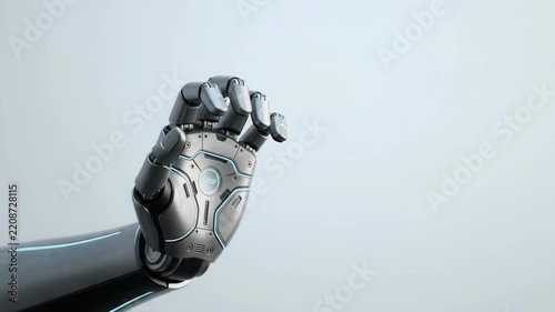 Robot hand artificial intelligence ethical stop gesture metallic robotic palm raised for responsibility warning control automation