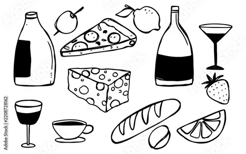 Set of hand drawn food and drink icons in black and white sketch style.