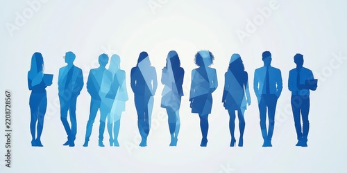 Abstract digital business team concept with people silhouettes in blue and gray colors on a white background A group of businesspeople standing together, working as a collaborative, Generative AI