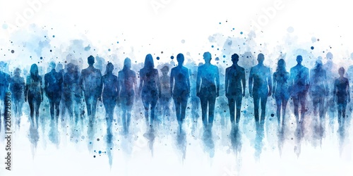 Abstract digital business team concept with people silhouettes in blue and gray colors on a white background A group of businesspeople standing together, working as a collaborative, Generative AI