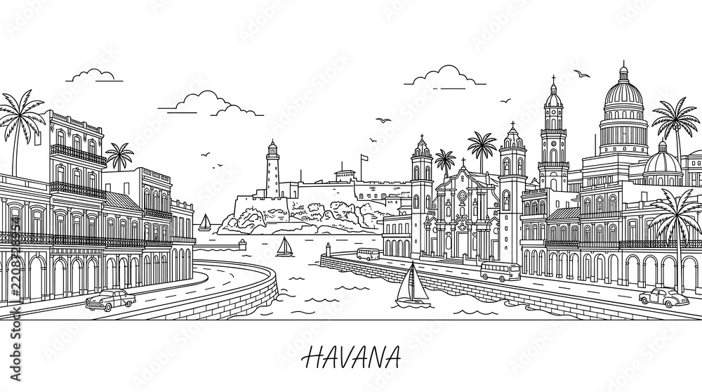 Obraz premium Havana Skyline, Cuba - Hand Drawn Vector Illustration, Cityscape, Travel