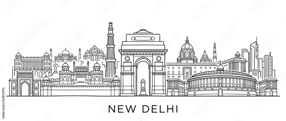 Obraz premium New Delhi Cityscape Line Art, Famous Landmarks Panorama. India Travel.