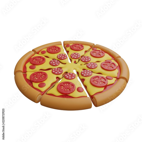 3D-rendered appetizing pepperoni pizza with cheese tomato slices on a white background