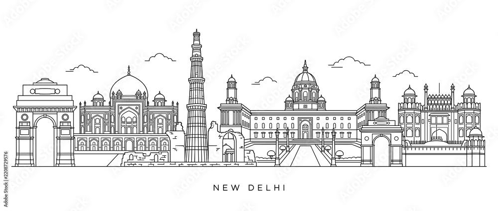 Obraz premium New Delhi Skyline: Iconic Landmarks Outline Drawing