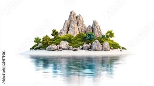 Tranquil isolated island featuring rugged rock formations surrounded by lush green foliage and calm waters reflecting serene beauty.