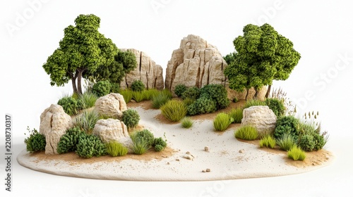 Tranquil landscape with lush greenery and rocky formations creating a peaceful natural setting