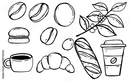 Hand drawn doodle set of coffee beans and fresh bakery items.
