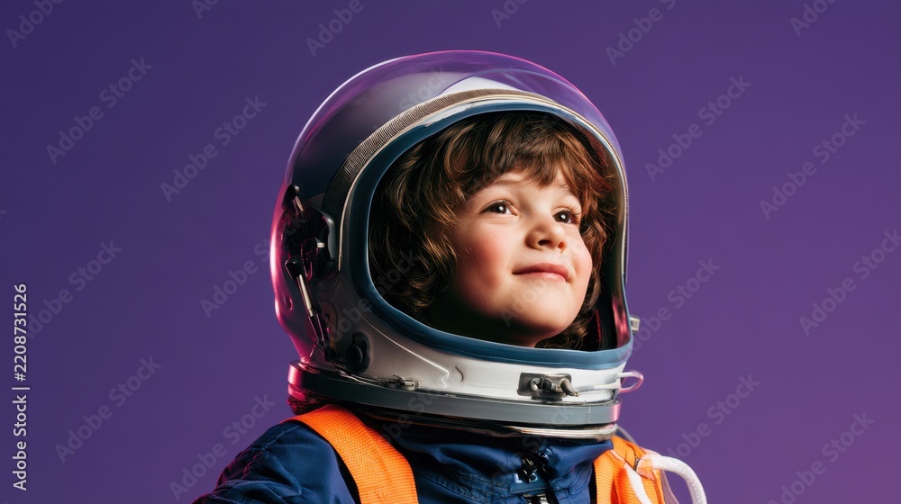 Fototapeta premium Young child wearing astronaut helmet looking hopeful and smiling with space suit against purple background in studio