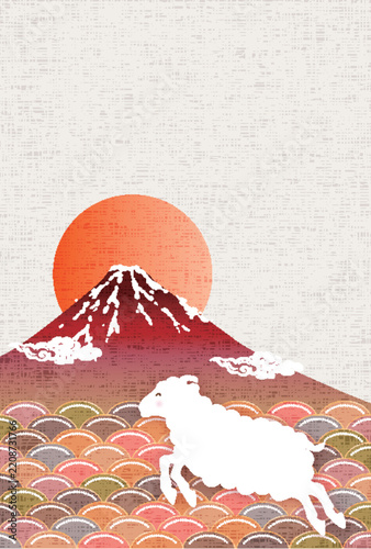 富士山と初日の出に伝統的な和柄と動物のシルエット