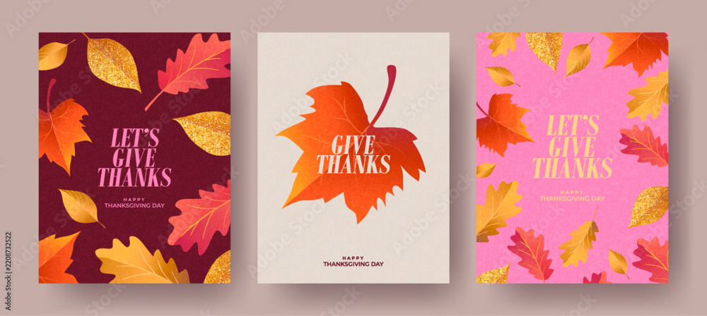 Fototapeta premium Thanksgiving card, cover, or invitation set featuring beautiful, vibrant autumn leaves. A modern, autumn-themed design template suitable for festive events, advertising, branding, banners, labels.
