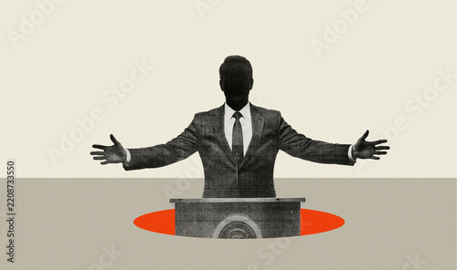 Politician or businessman speaking at podium with open arms gesture collage