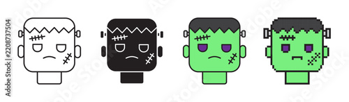 Frankenstein monster head icon set in line, solid, color line and pixel art style. Halloween scary character face. Editable stroke.