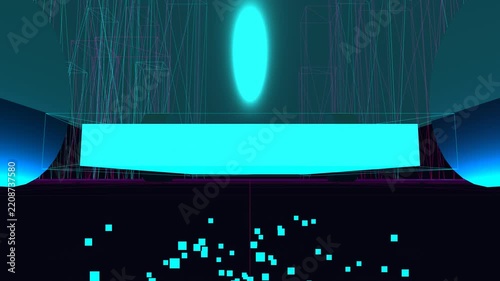 Cyan Spectrum Hologram: A glowing cyan vertical oval or holographic portal hovering over a bright neon pink surface against a dark abstract background.
