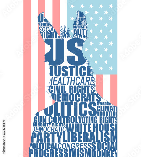 Politician is associated with a donkey. Anthropomorphized donkey shaped words cloud. Represents democratic party. USA election. National flag on backdrop