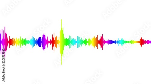 Vibrant rainbow audio waveform visualization pulsing on white background, sound spectrum