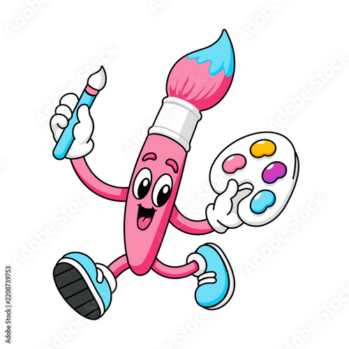 A lively pink paintbrush character runs with a palette and small brush, featuring paint-tipped bristles, gloves, sneakers, and a happy face. Playful.