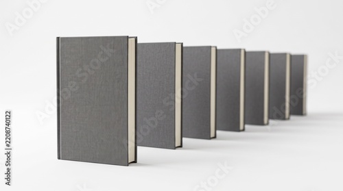 Row of Blank Grey Hardcover Books Standing Upright on White Surface for Professional Branding Mockup
