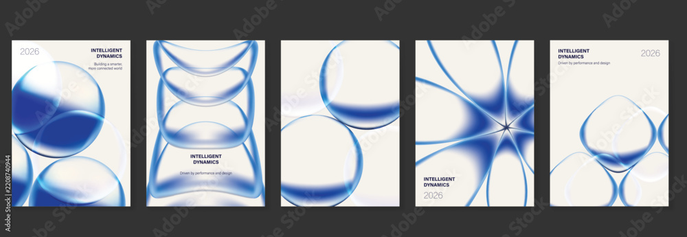 Obraz premium Abstract vector blue glass poster collection with fluid curves, transparent bubbles and clean futuristic cover layouts