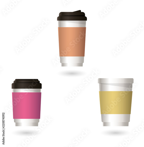 Three disposable coffee cups set isolated on a transparent background