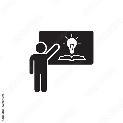 Teacher or presenter pointing to a board with book and light bulb icon, representing education and knowledge sharing