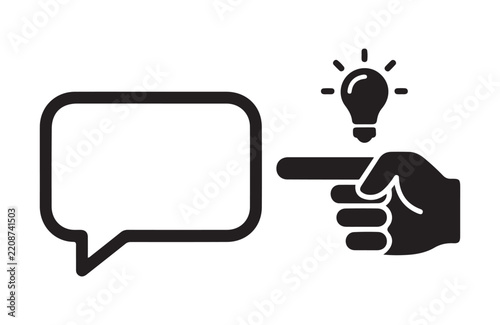 Black hand icon pointing at speech bubble with light bulb symbolizes bright creative idea.