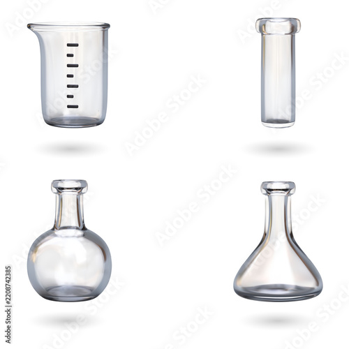 Glass laboratory beakers and flasks isolated on a transparent background