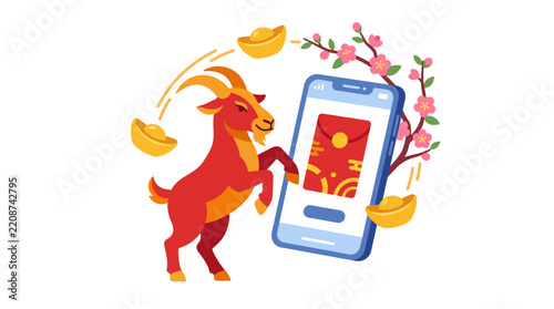 Red goat character interacts with mobile device and gold ingots