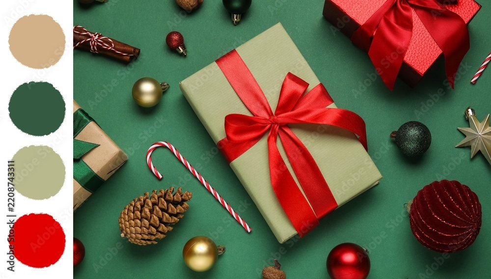 Fototapeta premium Christmas gift shopping and holiday celebration, wrapped presents with red ribbons and festive ornaments on a green background for seasonal marketing