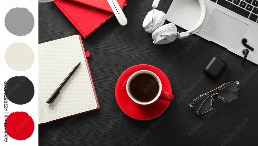 Fototapeta premium Remote work and productivity, freelancer workspace with laptop and coffee on black desk for business planning and creative project management