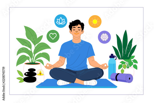 Premium modern clean cartoon vector illustration of a calm person practicing mindfulness surrounded by plants