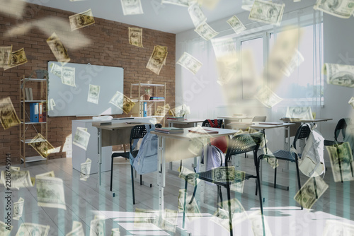 Education funding and school budget crisis, falling us dollar bills in an emp...